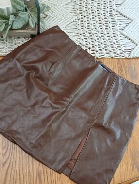 Forever 21 Brown Faux Leather Mini Skirt with Front Slit